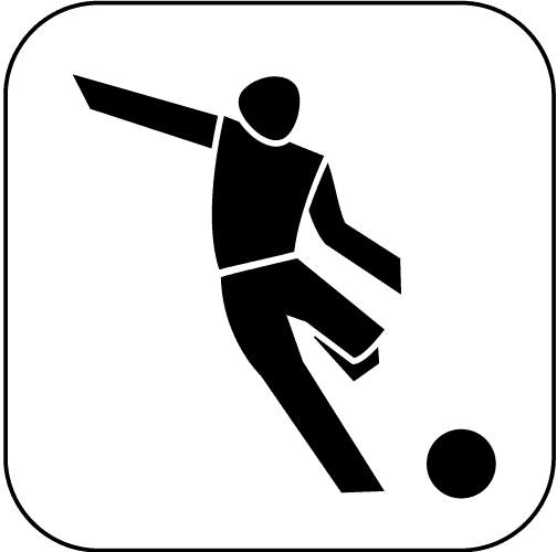 Schwarz-weiße Grafik eines stilisierten Fußballspielers, der einen Ball mit dem rechten Fuß tritt.