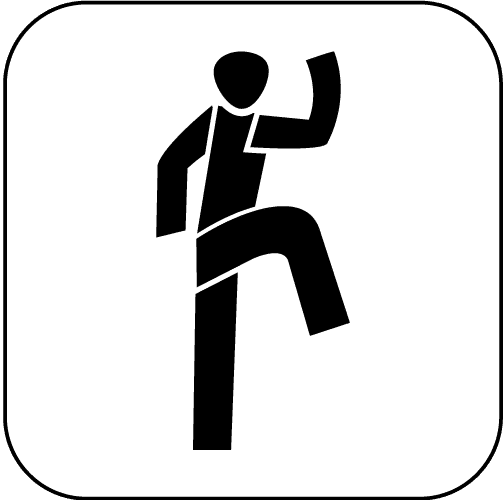 Symbol eines aufrechten menschlichen Piktogramms mit einem erhobenen Arm und angehobenem Bein in Schwarz auf weißem Hintergrund.
