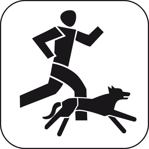 Symbol eines Menschen, der mit einem Hund joggt, in minimalistischer, schwarzer Grafik auf weißem Hintergrund.