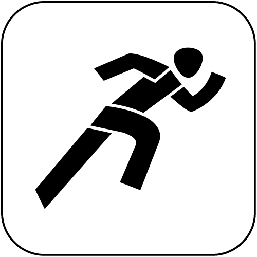 Minimalistische schwarze Silhouette einer Person bei der Leichtathletik, die in einer dynamischen Laufbewegung dargestellt ist, auf weißem Hintergrund.