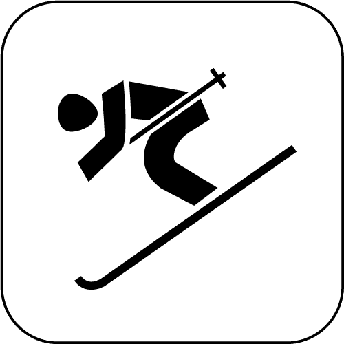 Minimalistische schwarze Silhouette einer Person beim alpinen Skifahren in Abfahrtsposition auf weißem Hintergrund.