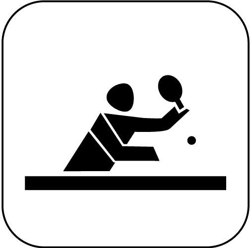 Minimalistische schwarze Silhouette einer Tischtennis spielenden Person mit Schläger und Ball über einer Tischkante auf weißem Hintergrund.